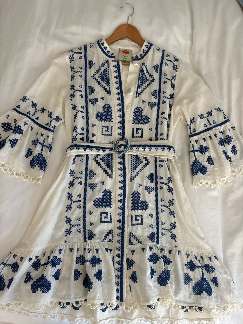 FARM Rio White Mini Dress with Blue Embroidery